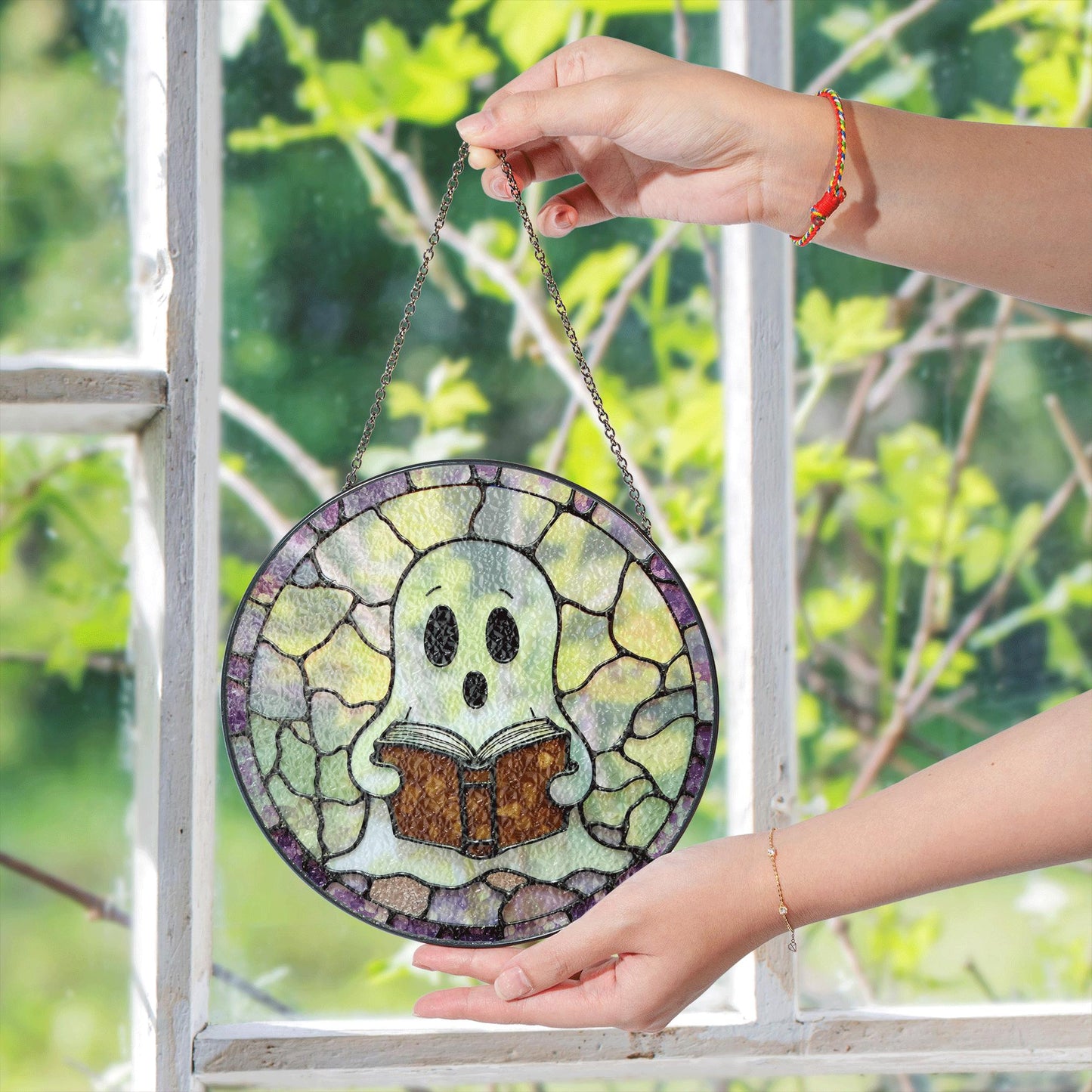 Cute ghost reading a book art stained glass window suncatcher mystical light gift for bookworms halloween friends