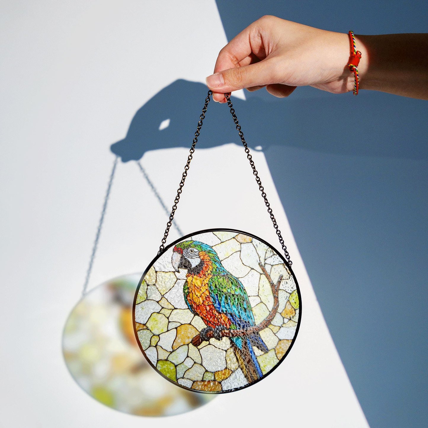 Vibrant macaw on branch stained glass suncatcher window decor Gift for bird lover birthday