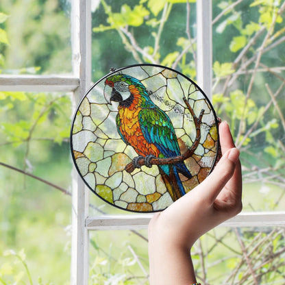 Vibrant macaw on branch stained glass suncatcher window decor Gift for bird lover birthday