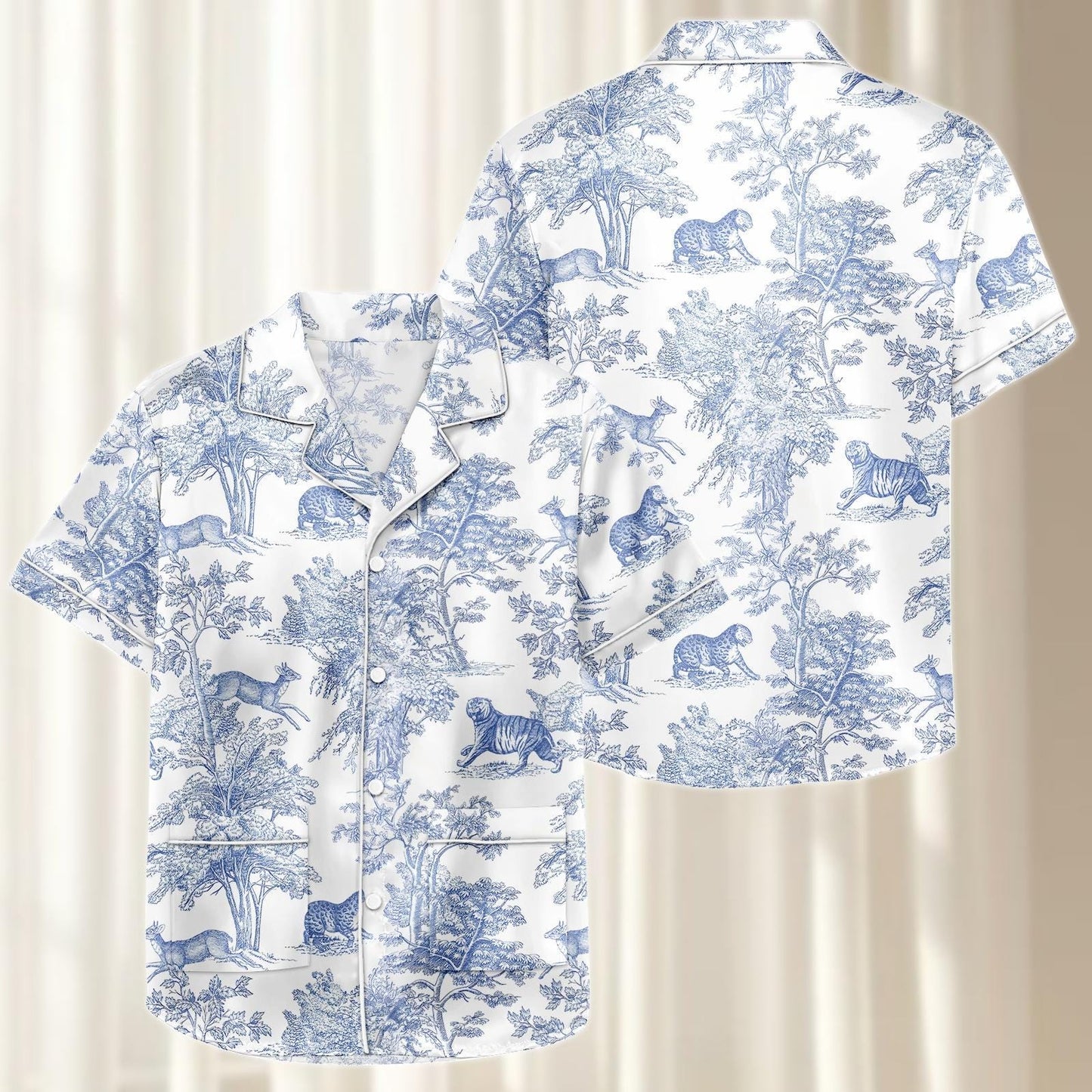 Blue Safari Satin Pajamas Short Set, Jungle Animal Matching Pjs, Vintage Tiger Deer Leopard Sleepwear, Silky Women Loungewear Gift