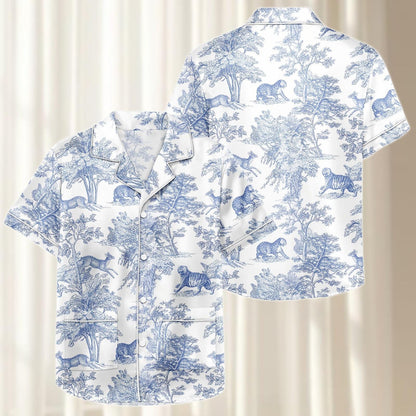 Blue Safari Satin Pajamas Short Set, Jungle Animal Matching Pjs, Vintage Tiger Deer Leopard Sleepwear, Silky Women Loungewear Gift