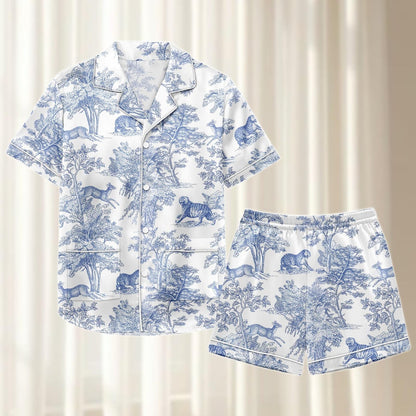 Blue Safari Satin Pajamas Short Set, Jungle Animal Matching Pjs, Vintage Tiger Deer Leopard Sleepwear, Silky Women Loungewear Gift