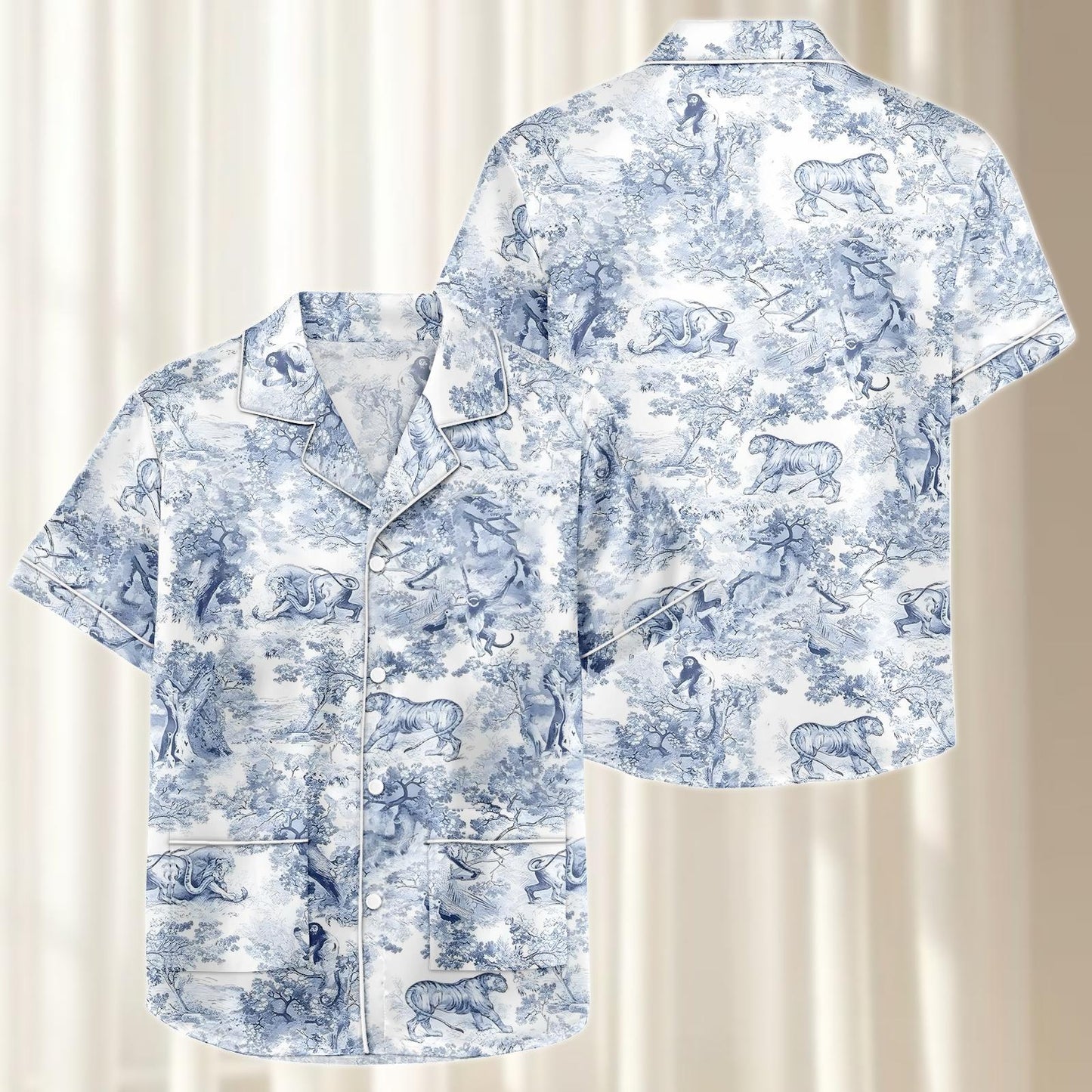 Wild Animal Satin Pajamas Short Set, Safari Matching Pjs, Tiger Elephant Lion Sleepwear, Vintage Jungle Loungewear, Gift For Her