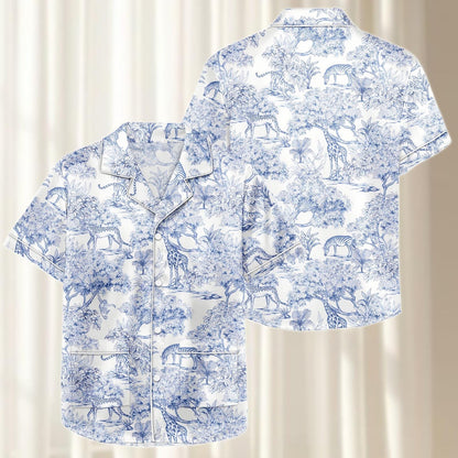 Safari Animal Satin Pajamas Short Set, Blue White Jungle Sleepwear, Giraffe Tiger Women Pjs, Cute Matching Nightwear, Gift For Her