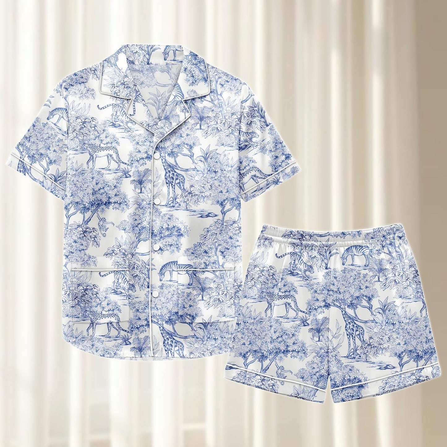 Safari Animal Satin Pajamas Short Set, Blue White Jungle Sleepwear, Giraffe Tiger Women Pjs, Cute Matching Nightwear, Gift For Her