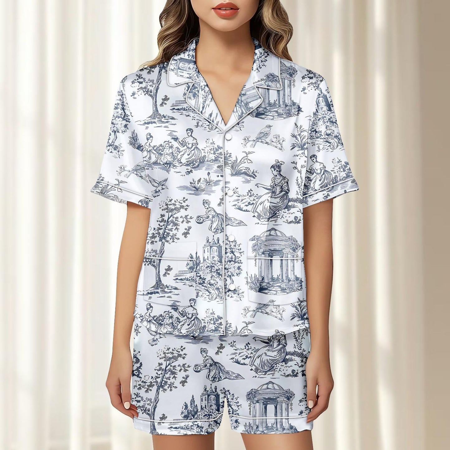Toile De Jouy Satin Pajamas Short Set, Vintage French Women Sleepwear, Elegant Blue White Pjs, Rococo Loungewear, Birthday Gift For Her