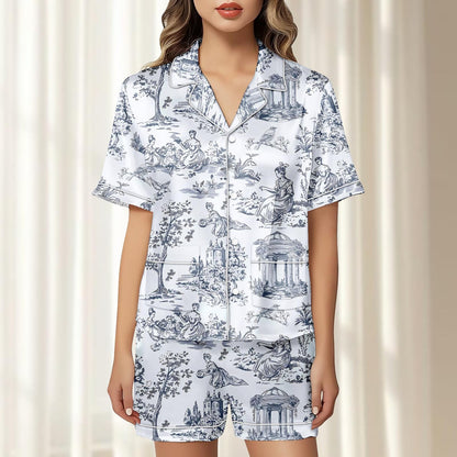 Toile De Jouy Satin Pajamas Short Set, Vintage French Women Sleepwear, Elegant Blue White Pjs, Rococo Loungewear, Birthday Gift For Her