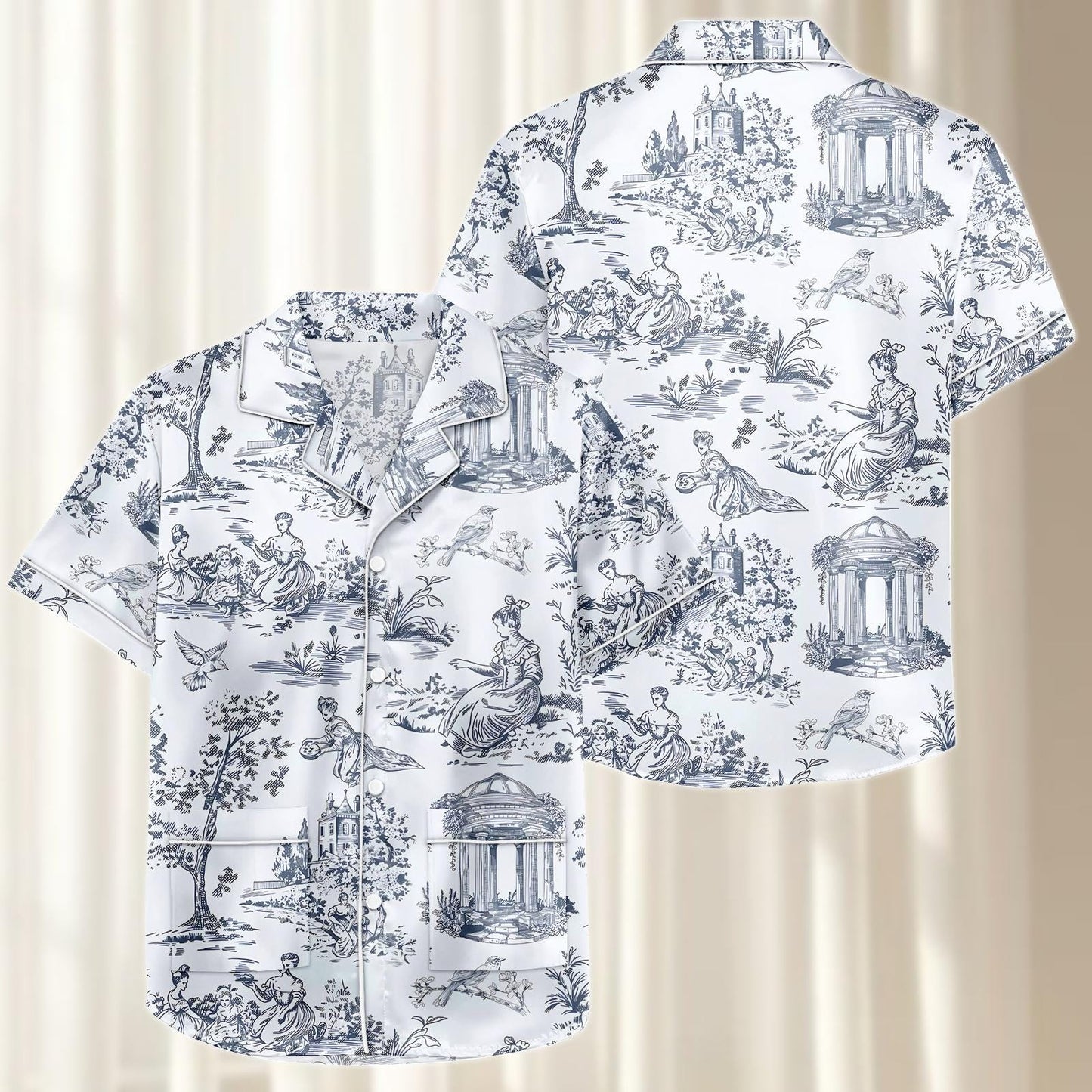 Toile De Jouy Satin Pajamas Short Set, Vintage French Women Sleepwear, Elegant Blue White Pjs, Rococo Loungewear, Birthday Gift For Her