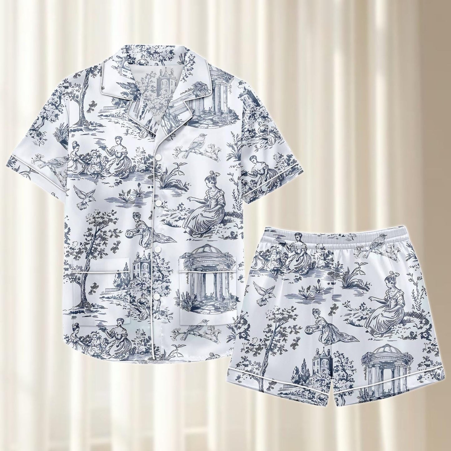Toile De Jouy Satin Pajamas Short Set, Vintage French Women Sleepwear, Elegant Blue White Pjs, Rococo Loungewear, Birthday Gift For Her