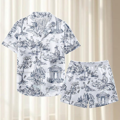 Toile De Jouy Satin Pajamas Short Set, Vintage French Women Sleepwear, Elegant Blue White Pjs, Rococo Loungewear, Birthday Gift For Her