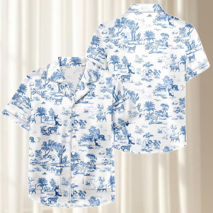 Tropical Animal Satin Pajamas Short Set, Blue White Safari Matching Pjs, Jungle Wildlife Sleepwear, Silky Loungewear, Gift For Her