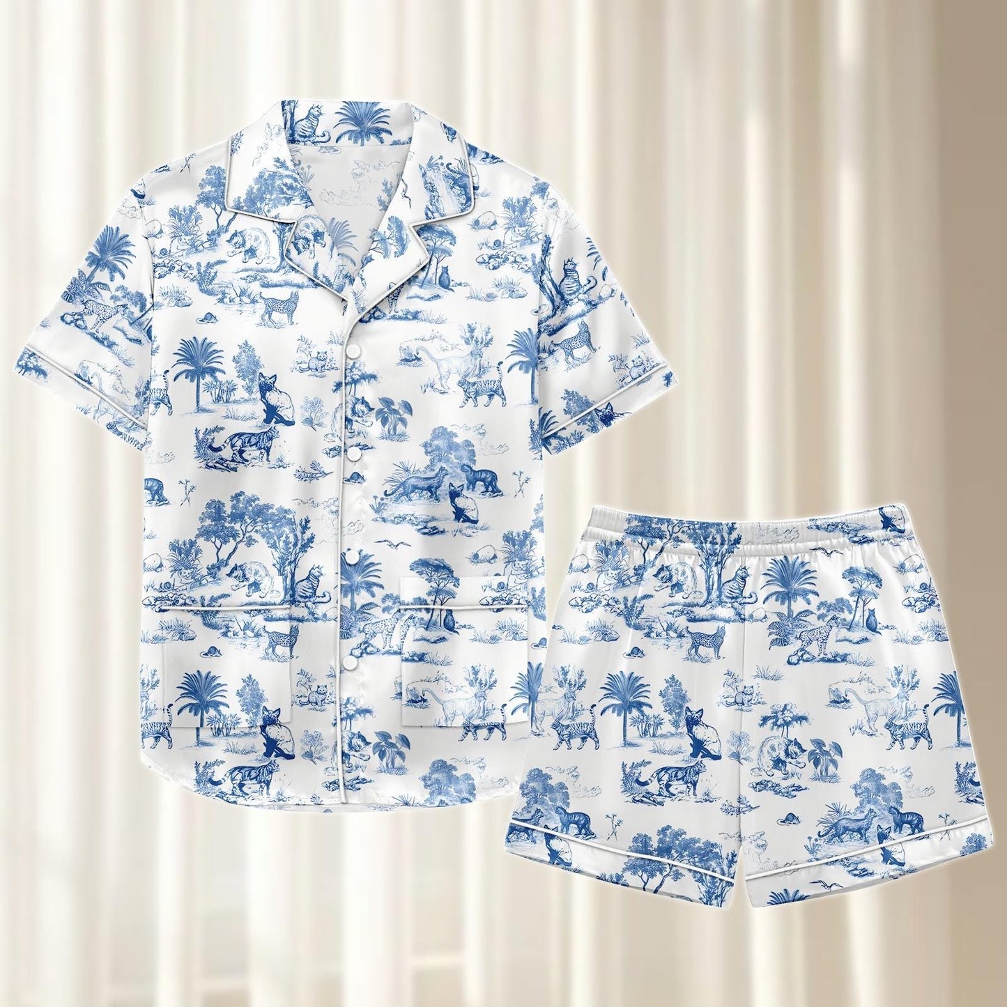 Tropical Animal Satin Pajamas Short Set, Blue White Safari Matching Pjs, Jungle Wildlife Sleepwear, Silky Loungewear, Gift For Her