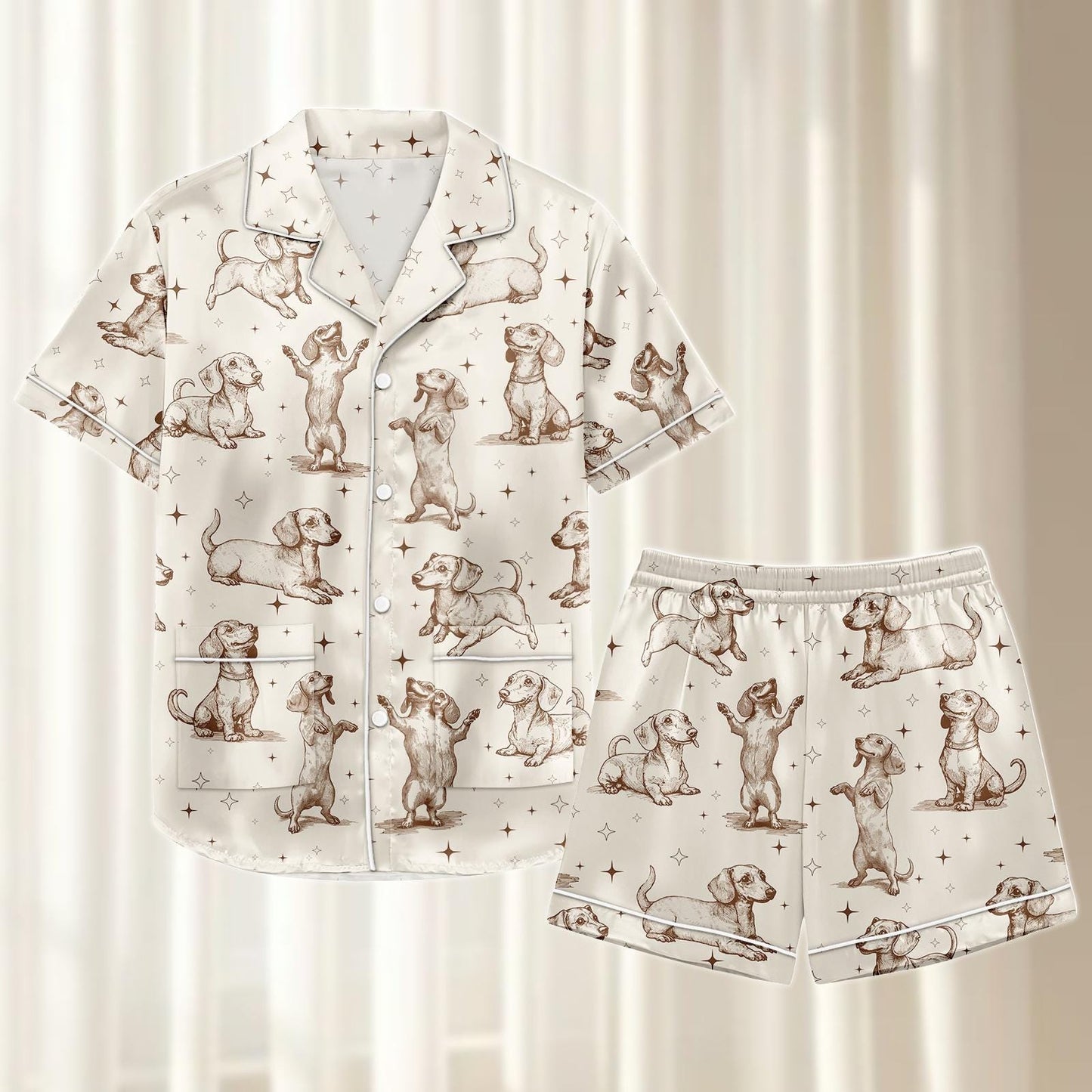 Dachshund Dog Satin Pajamas Short Set, Cute Wiener Dog Matching Pjs, Cream Brown Puppy Sleepwear, Silky Loungewear, Gift For Her