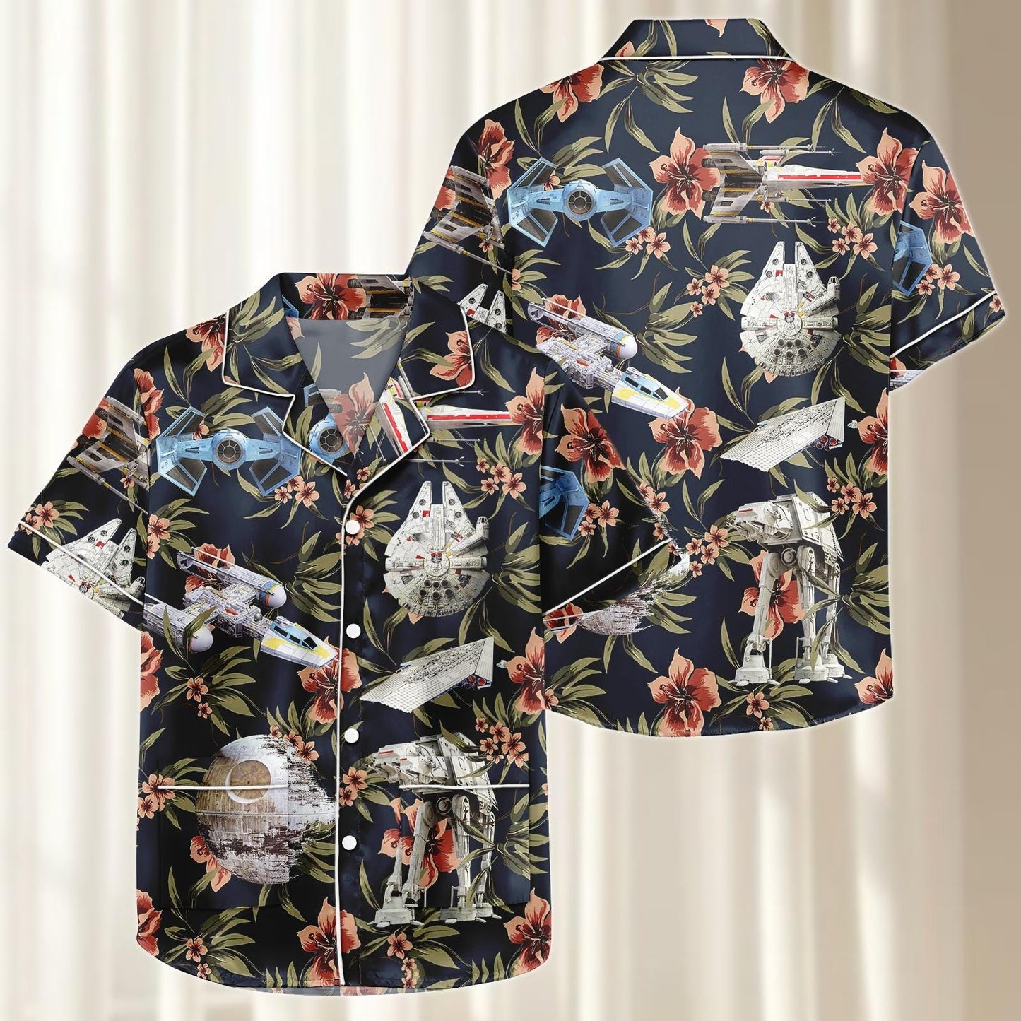 Star Wars Floral Satin Pajamas Short Set, Tropical Space Ship Pjs, Black Galaxy Sleepwear, Cute Nerdy Silky Loungewear, Gift For Her