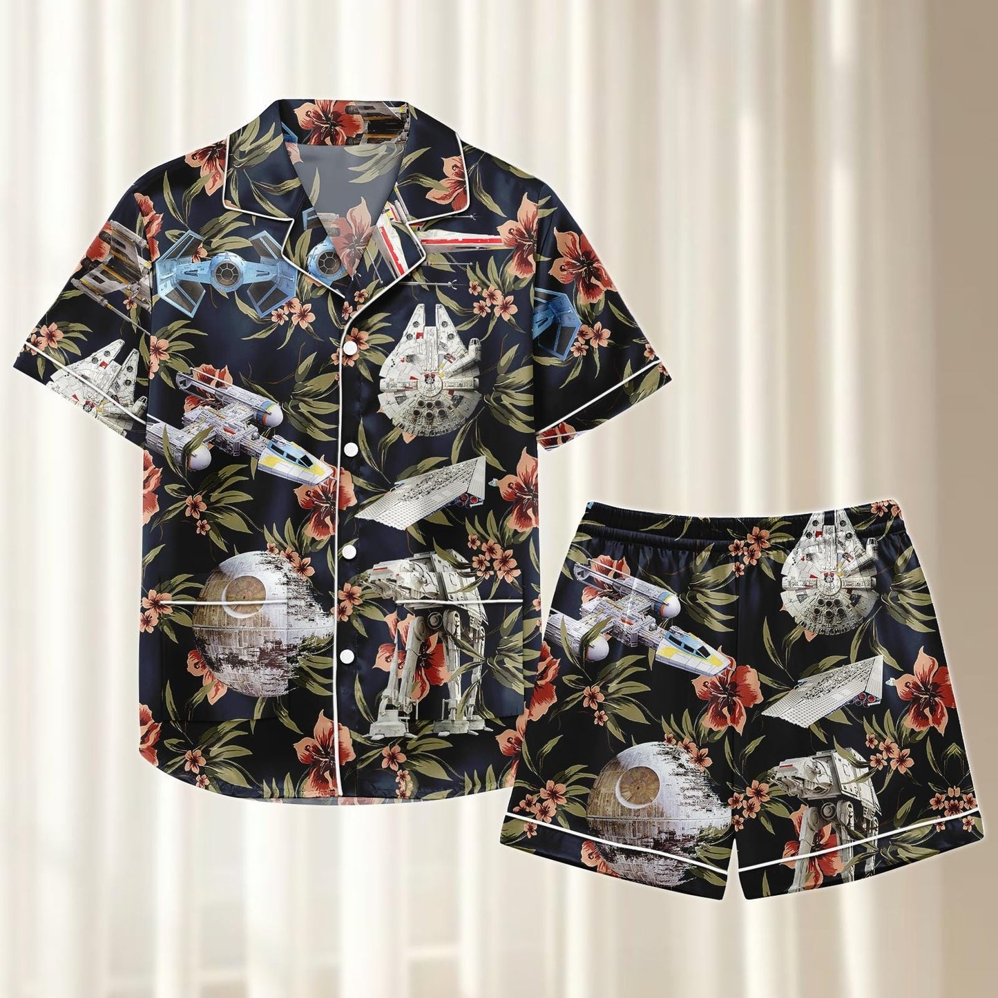 Star Wars Floral Satin Pajamas Short Set, Tropical Space Ship Pjs, Black Galaxy Sleepwear, Cute Nerdy Silky Loungewear, Gift For Her
