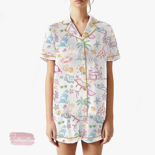 Cousins Beach Set | Silky Satin Pajama Set for Women | Summer Beach Print Loungewear | Lightweight Coastal Sleepwear | Girls Trip Gift Idea