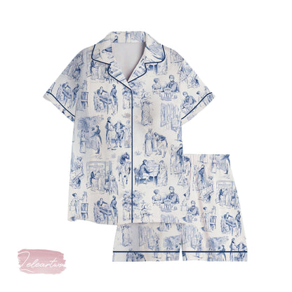 Pride and Prejudice Fanart | Silky Satin Pajama Set for Women | Jane Austen Toile Print Sleepwear | Literary Loungewear Gift