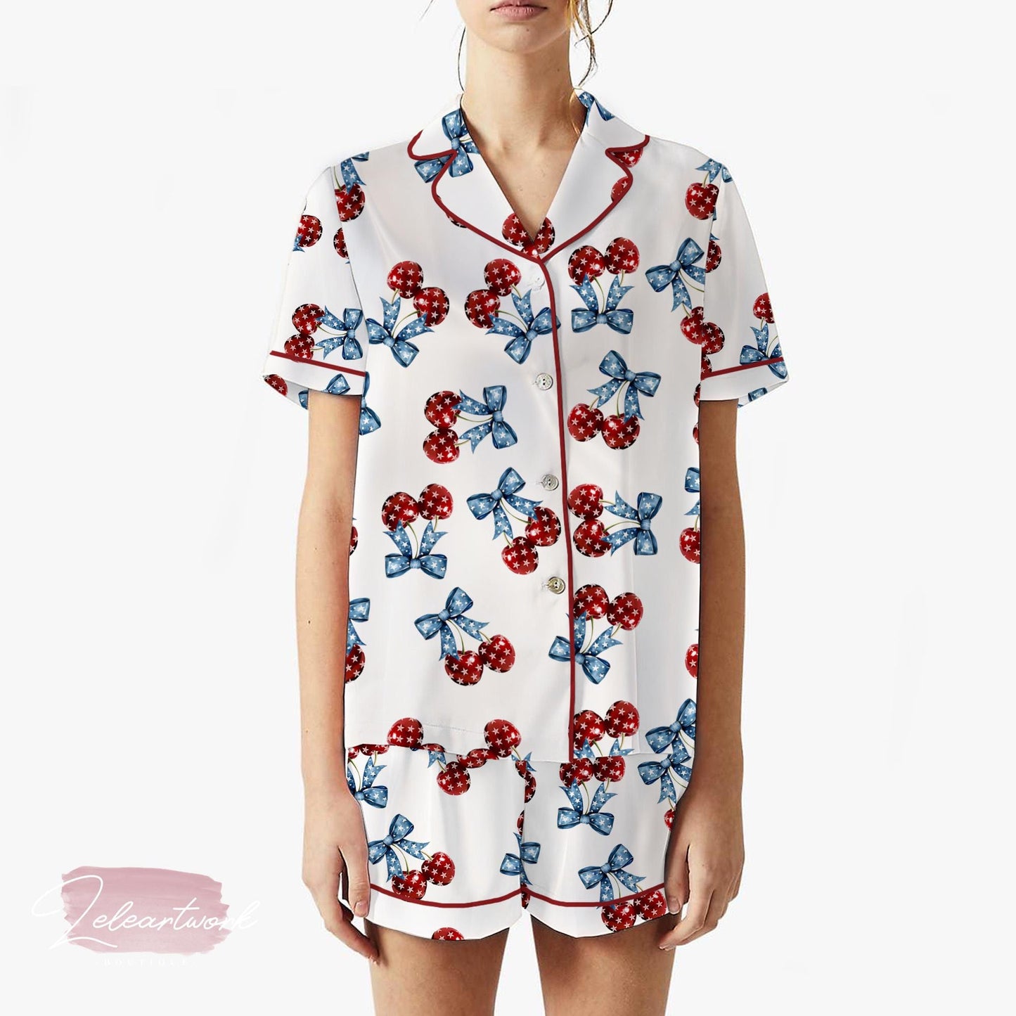 American Flag Cherry Bow Pajama Set – Patriotic Short Sleeve Sleepwear, Cute 4th of July Loungewear Gift for Her