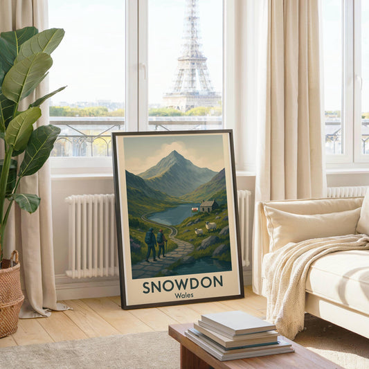 Snowdon Poster Wall Art, Snowdonia Mountain Climbing Print, Home Décor Gift for Wedding & Birthday, Three Peaks Challenge North Wales Poster