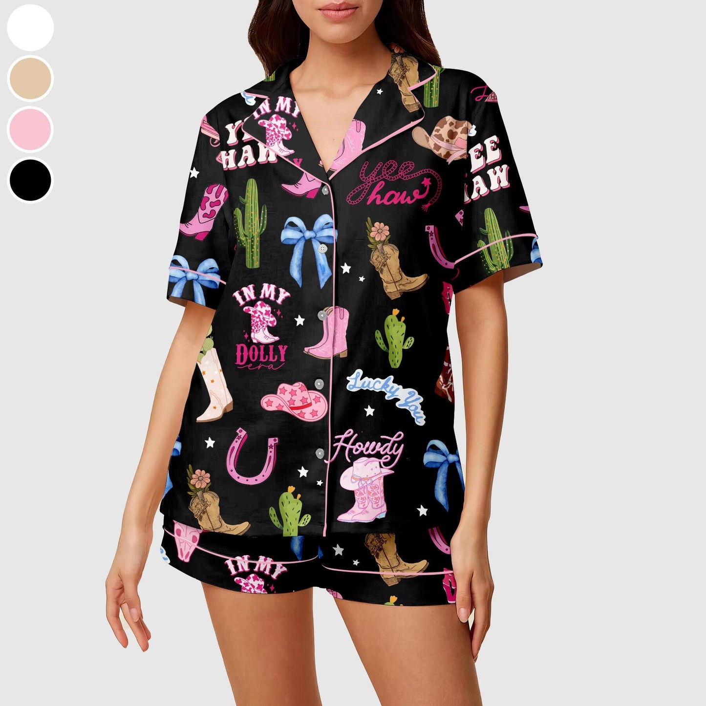 Pink Cowgirl Pajama Set, Women's Western Pajama Short Set, Cactus & Cowgirl Print Summer Lounge Set, Cowgirl Birthday Gift