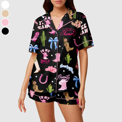 Pink Cowgirl Pajama Set, Women's Western Pajama Short Set, Cactus & Cowgirl Print Summer Lounge Set, Cowgirl Birthday Gift