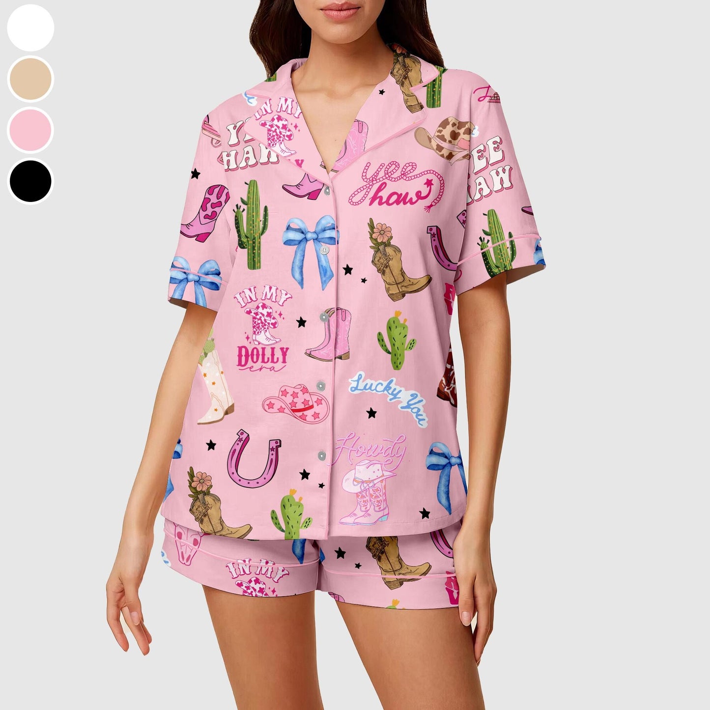 Pink Cowgirl Pajama Set, Women's Western Pajama Short Set, Cactus & Cowgirl Print Summer Lounge Set, Cowgirl Birthday Gift