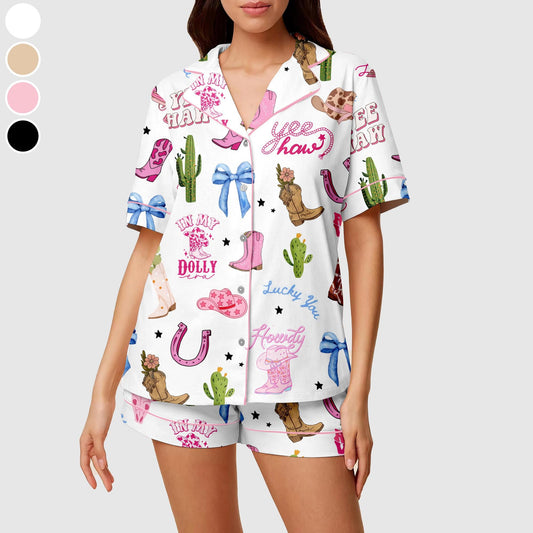 Pink Cowgirl Pajama Set, Women's Western Pajama Short Set, Cactus & Cowgirl Print Summer Lounge Set, Cowgirl Birthday Gift