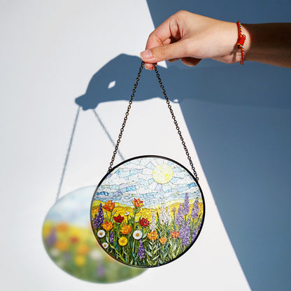 Sunlit Meadow Wildflower Landscape Round Stained Glass Suncatcher Window Hanging Gift for Mom Birthday
