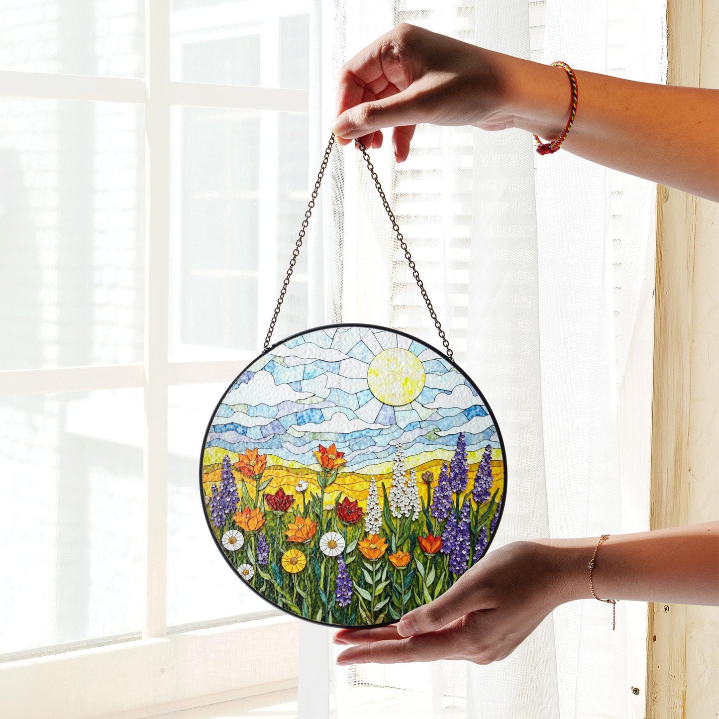 Sunlit Meadow Wildflower Landscape Round Stained Glass Suncatcher Window Hanging Gift for Mom Birthday