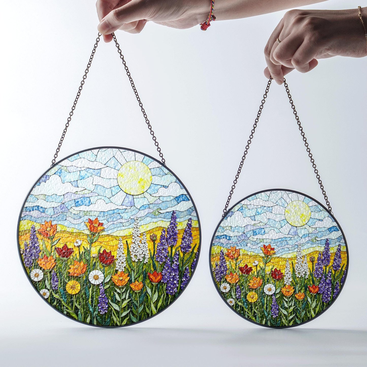 Sunlit Meadow Wildflower Landscape Round Stained Glass Suncatcher Window Hanging Gift for Mom Birthday