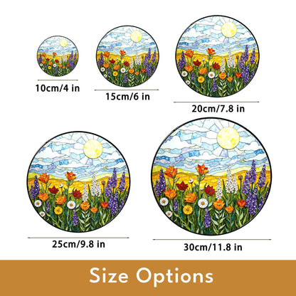 Sunlit Meadow Wildflower Landscape Round Stained Glass Suncatcher Window Hanging Gift for Mom Birthday