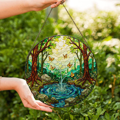 Forest pond butterflies scene stained glass round window suncatcher radiance nature art gift for mom housewarming friends