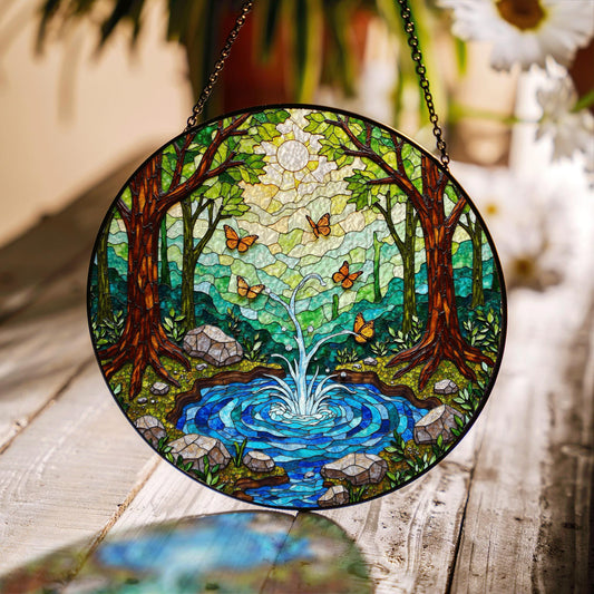 Forest pond butterflies scene stained glass round window suncatcher radiance nature art gift for mom housewarming friends