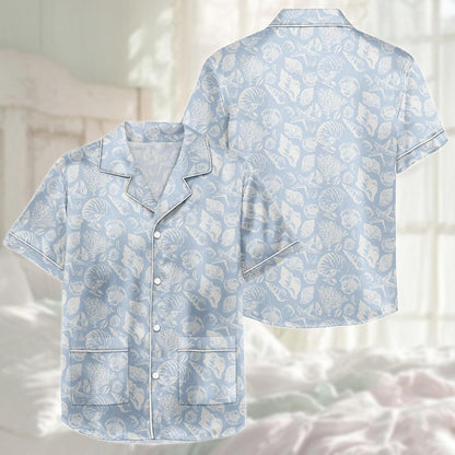 Seashell Satin Pajama Short Set, Coastal Blue Pjs For Women, Beach Satin Sleepwear, Summer Ocean Lounge, Matching Pjs, Gift For Her