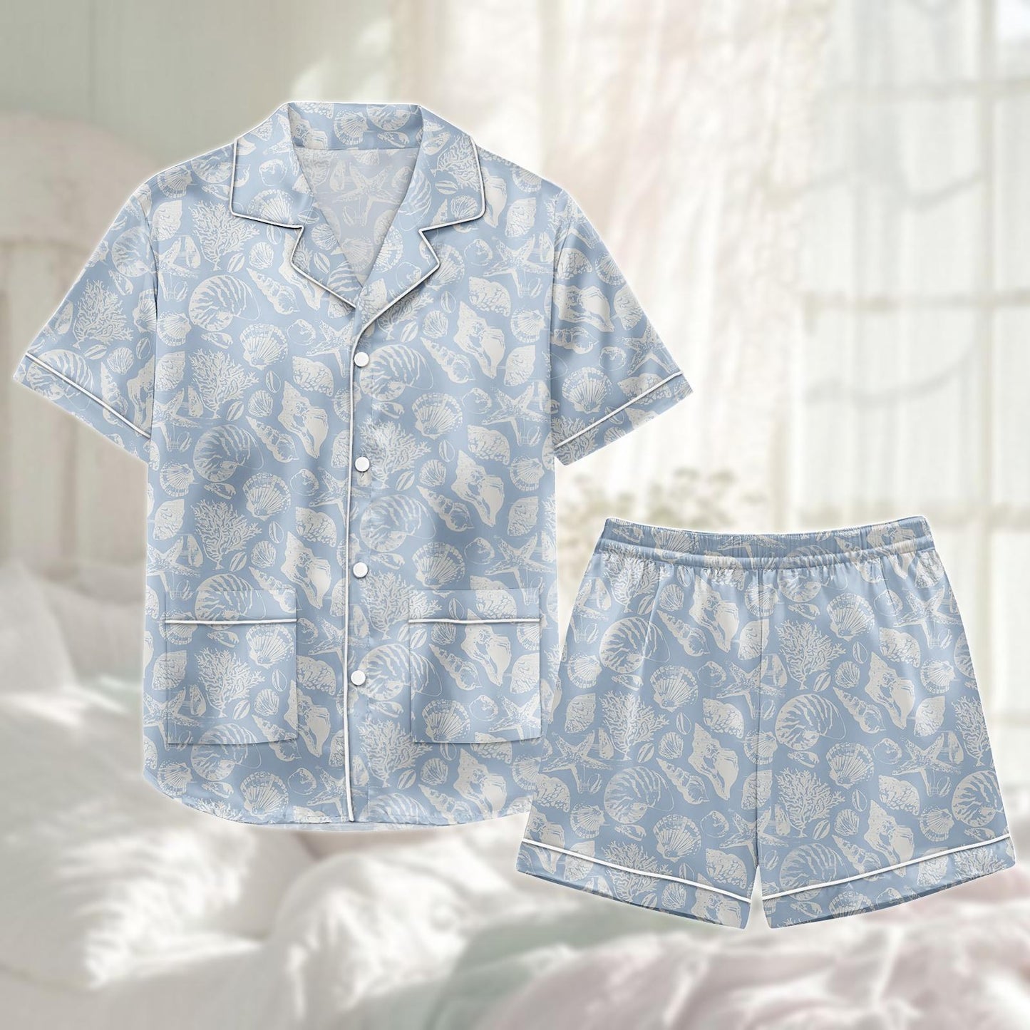 Seashell Satin Pajama Short Set, Coastal Blue Pjs For Women, Beach Satin Sleepwear, Summer Ocean Lounge, Matching Pjs, Gift For Her