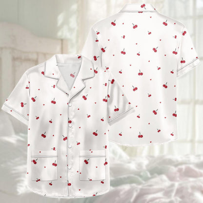 Cherry Satin Pajama Short Set, Cute Heart Pjs For Women, Summer Satin Sleepwear, Romantic Loungewear, Matching Pj Set, Gift For Her