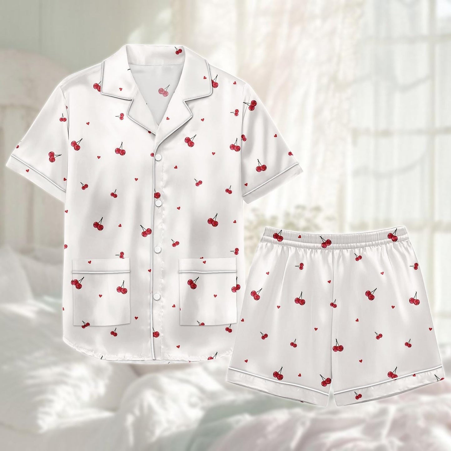 Cherry Satin Pajama Short Set, Cute Heart Pjs For Women, Summer Satin Sleepwear, Romantic Loungewear, Matching Pj Set, Gift For Her