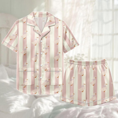 Cute Duck Satin Pajama Short Set, Pink Stripe Pjs For Women, Kawaii Loungewear, Summer Sleepwear, Pastel Aesthetic Pjs, Gift For Her