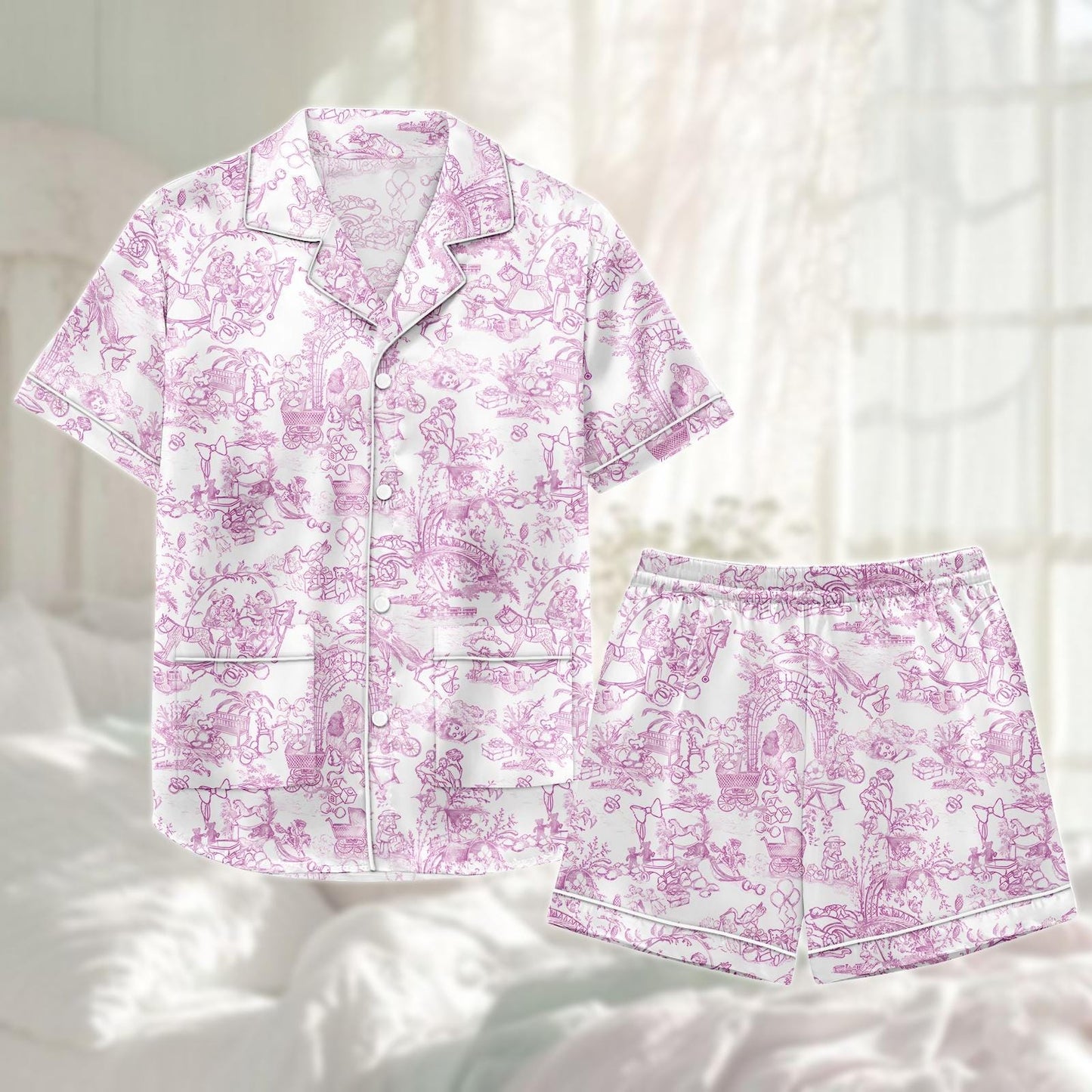 Vintage Toile De Jouy Satin Pajama Short Set, Vintage Print Sleepwear, Cute Holiday Pjs, Funny Summer Loungewear, Gift For Her