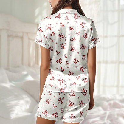 Red Floral Satin Pajama Short Set, Summer Sleeve Pjs For Women, White Elegant Sleepwear, Cute Satin Loungewear Pjs, Gift For Her