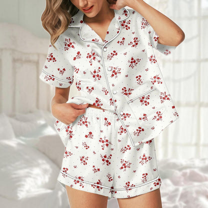 Red Floral Satin Pajama Short Set, Summer Sleeve Pjs For Women, White Elegant Sleepwear, Cute Satin Loungewear Pjs, Gift For Her