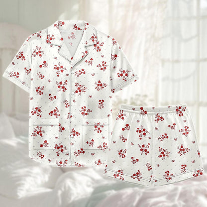 Red Floral Satin Pajama Short Set, Summer Sleeve Pjs For Women, White Elegant Sleepwear, Cute Satin Loungewear Pjs, Gift For Her