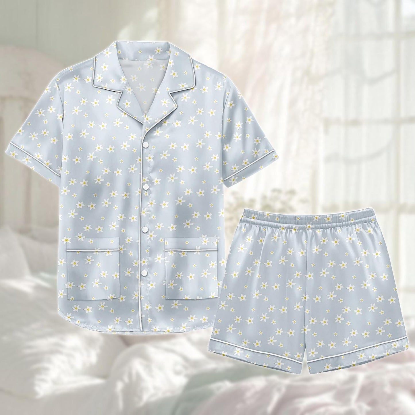 Daisy Floral Satin Pajama Short Set, Blue Sleeve Sleepwear For Women, Summer Satin Lounge Set, Bridesmaid Pjs, Cute Gift For Her