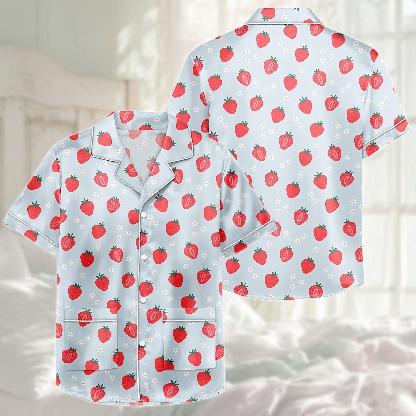 Strawberry Satin Pajama Short Set, Cute Fruit Pjs Women, Blue Satin Sleepwear Set, Summer Lounge Set, Girly Nightwear, Gift For Her