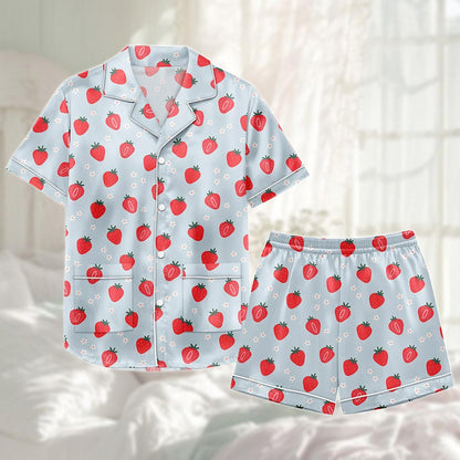 Strawberry Satin Pajama Short Set, Cute Fruit Pjs Women, Blue Satin Sleepwear Set, Summer Lounge Set, Girly Nightwear, Gift For Her