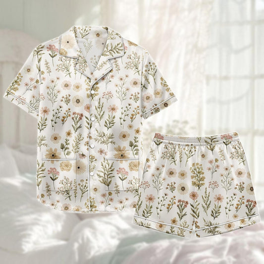 Wildflower Satin Pajama Short Set, Nature Cottagecore Sleepwear, Floral Summer Pjs For Women, Garden Lounge Set, Gift For Her