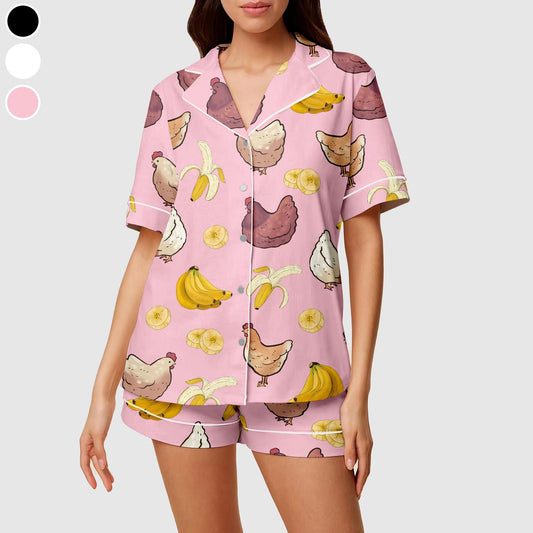 Funny Chicken And Banana Short Satin Pajamas, Chicken Lover , Farm Animal Pajamas For Women, Hen Nightwear, Chicken Themed Loungewear