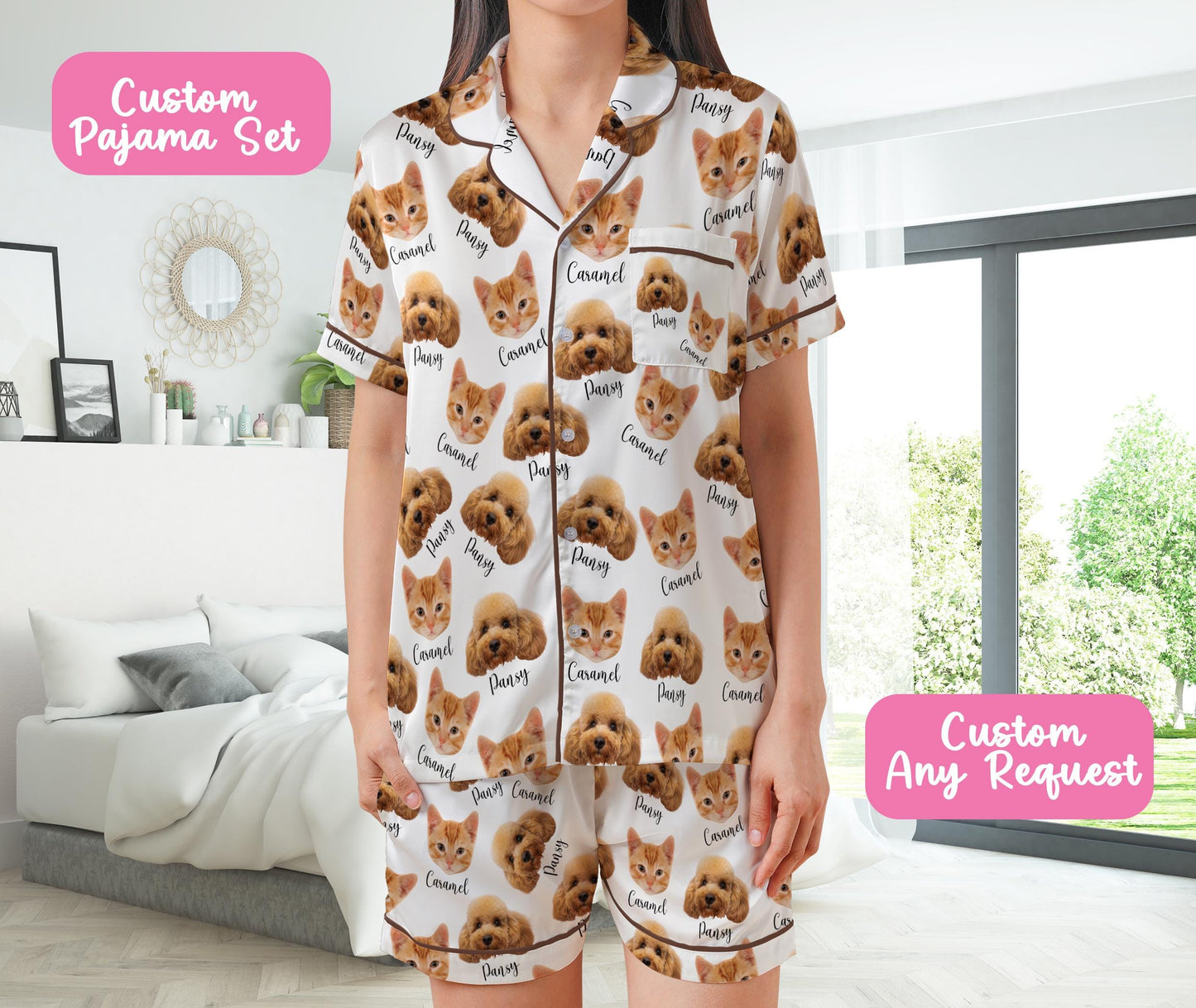 Funny Pet Face Pajamas Set, Personalized Photo Sleepwear Dog Mom, Cat Mom, Custom Pet Photo Name Short Sleeve Pajama Set, Cat Dog Lover Gift