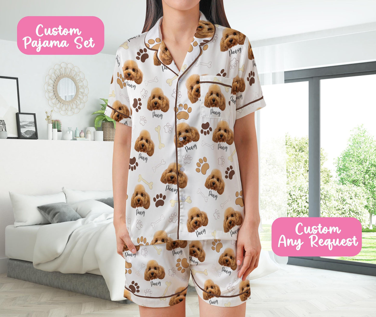 Funny Pet Face Pajamas Set, Personalized Photo Sleepwear Dog Mom, Cat Mom, Custom Pet Photo Name Short Sleeve Pajama Set, Cat Dog Lover Gift