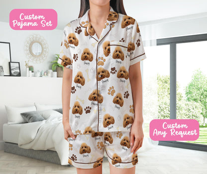 Funny Pet Face Pajamas Set, Personalized Photo Sleepwear Dog Mom, Cat Mom, Custom Pet Photo Name Short Sleeve Pajama Set, Cat Dog Lover Gift
